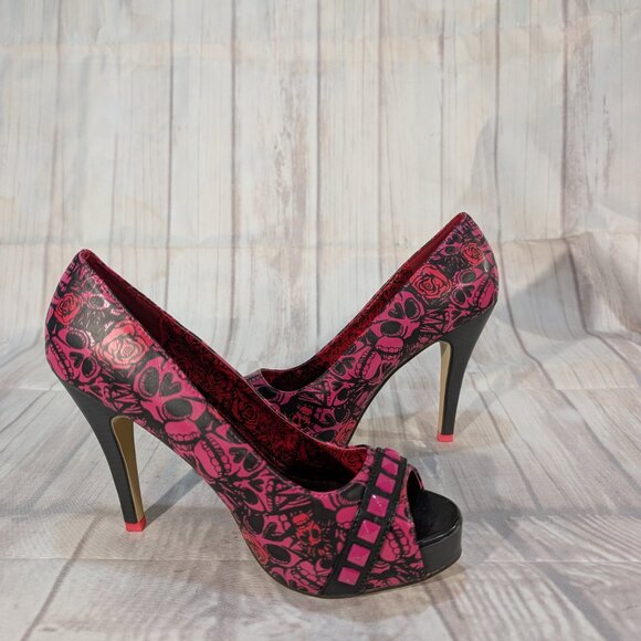 JustFab Women's Pink-Black Skull Peep Toe Heels Size 41 - Picture 8 of 11